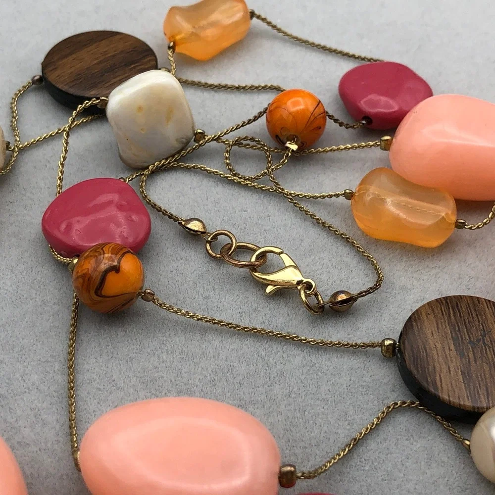 Long Beaded Station Necklace 48 in Multicolor Pearl Wood Glass Acrylic Gold Tone
